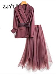 Tweedelige jurk ZJYT Office Lady Blazer Suits Mesh rok 2-delige jurksets Damesoutfit Elegante lentemode Conjuntos De Falda vestidos Top 231010