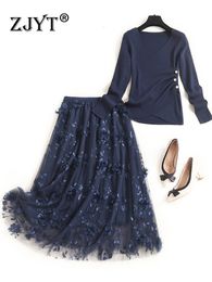 Tweedelige jurk Zjyt Runway Fashion Herfst Winter Outfits voor vrouwen Elegante pullover met lange mouwen truien mesh rok 2 -delige set blauwe jurk suit 230422