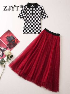Tweedelige jurk Zjyt Runway Summer Mesh Dress Sets Red Party Conjuntos de Falda Midi Rok Plaid Top Women Two Piece Outfit Ensembles Jupes P230517