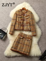 Vestido de duas peças ZJYT Conjuntos de inverno 2 para mulheres roupa vintage 2023 único breasted tweed jaqueta de lã saia terno elegante senhora moda 231207