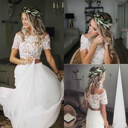 Tweedelige jurken een lijn korte mouwen chiffon kanten applique van de schouder boho strand trouwjurk vestido de novia 403 pplique pplique pplique pplique