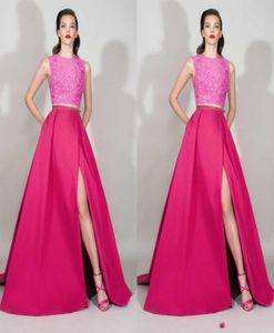 Deux pièces Fuchsia Robes de bal de bal Design 2016 avec une fente latérale très sexy une ligne vestidos de festa applique soirée de soirée formelle go4301861