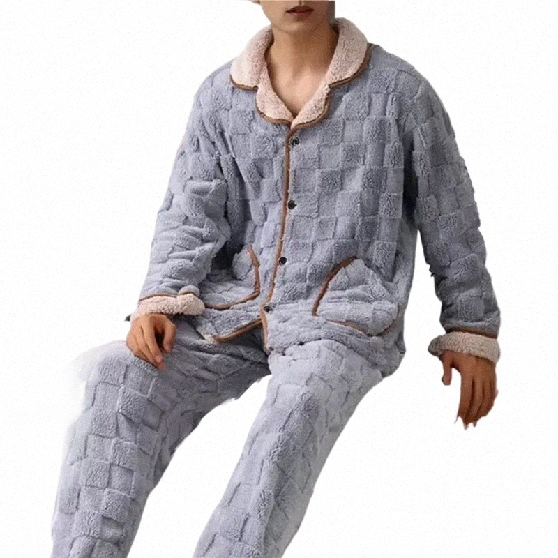 Мужской костюм из двух предметов с рукавами Lg, брюки, теплый зимний комплект одежды для сна, пижамы, фланель, свободный отложной воротник Jodimitty, осенний воротник D2u4 #