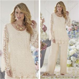 Twee stuk lichtgele moeder van de bruid jurken broek pakken kant lange mouw top chiffon broek plus size bruiloft gasten jurken vrouwen broek outf