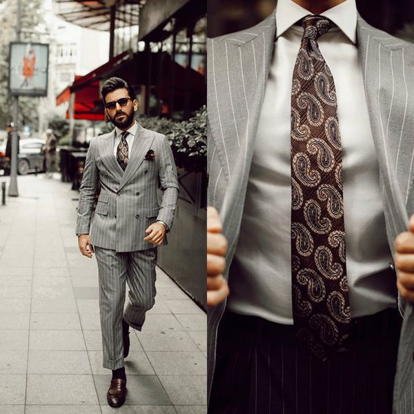 Traje de dos piezas para hombre a rayas gris claro personalizado traje de novio trajes de boda para los mejores hombres Slim Fit novio