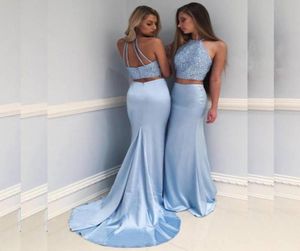 Dos piezas Mermaid Light Blue Prom Dresses Sequined China Halter Satin Formal Fiing Party Vestidos de Fiesta 20188038086