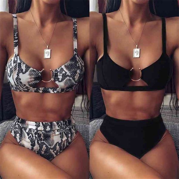 Deux pièces tenues pour femme taille haute Bikini maillot de bain femmes imprimé léopard maillots de bain noir blanc Sexy femme Bikinis 210621