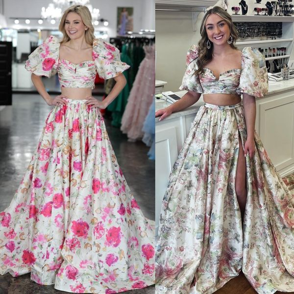 Robe de bal florale deux pièces imprimée avec manches ballon, ligne A, en taffetas, chérie, concours de beauté, robe de soirée formelle d'hiver, tenue de gala, nœud papillon, fente au dos