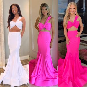 Tweede stuk prom-jurk Ruched One-Shoulder Hot Pink Mermaid Pageant Winter Formeel evenement Avondfeest Runway Black-Tie Gala Hoco Jurk Bruiloft Gast Bruidsmeisje Black-Tie