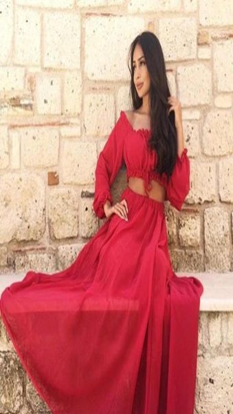 Robes de fête de bal en deux pièces Arabie Dubai une ligne de longueur de sol en mousseline de soie rouge en mousseline de soirée longue du soir manches à manches longues 20168910003