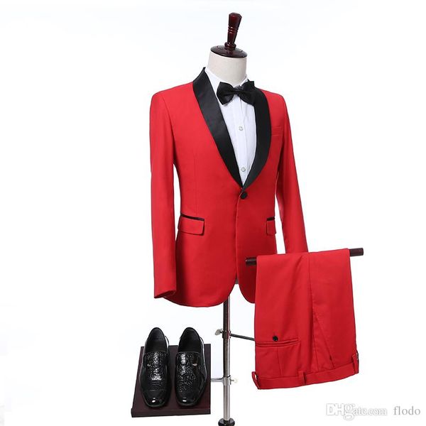 Tuxedos de mariage rouge deux pièces pour marié porter 2017 noir châle revers un bouton Slim Fit garçons d'honneur costumes pour hommes (veste + pantalon + cravate)