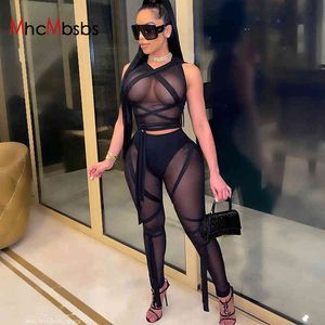 Deux pièces Set Beach Tenues Sexy Femmes Mesh Voir Bien Bandage Bodycon Top + Taille Haute Lacet Pantalon Mince Été Boho Vêtements 210517