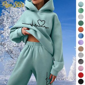 Tweedelige set Casual fleece trainingspak Dames Herfst Winter Liefde Print Capuchon met lange mouwen en capuchon Sportbroeksets Warm pak 231228