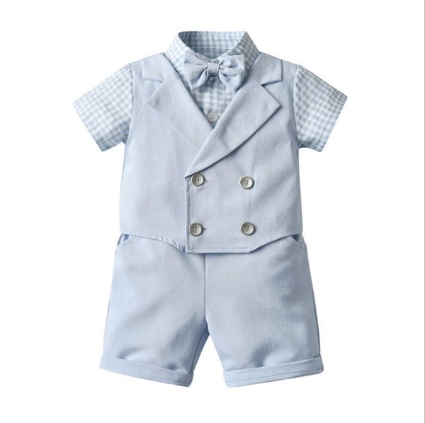 Ensemble deux pièces pour bébés garçons, vêtements de Style gentleman, chemise à carreaux à manches courtes avec nœud papillon + Short, costumes pour enfants, tenues pour enfants