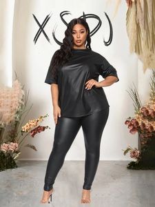 Ensemble deux pièces pour femmes, costumes de mode de printemps, haut noir avec manches et pantalon en cuir, décontracté, Sexy, grande taille, ensembles assortis 240127