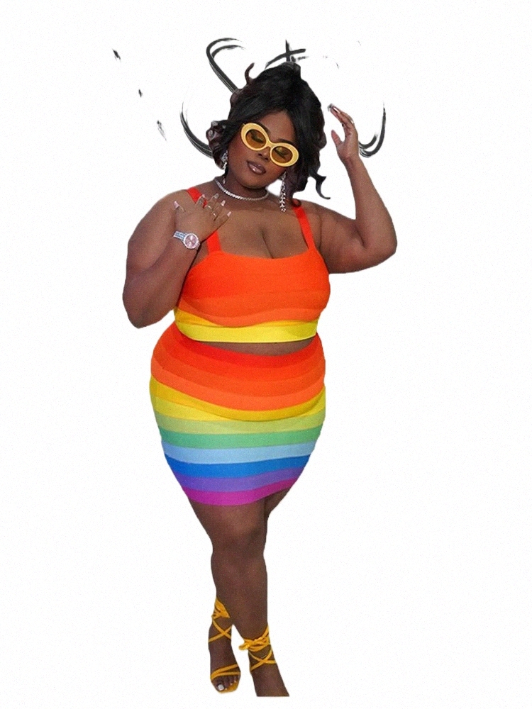 two Piece Set for Women Summer Strap Crop Top Y2k Skirt Set Rainbow Print Striped Fi Suits Plus Size Wholesale Dropship F1jo#