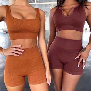 Tweedelige Set Naadloze Breien Sexy Gym Sport Training Running Sports Short Bra Yoga Pak Tracksuit U-hals Fitness Outfit