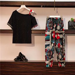 Tweedelige set zomer kleding voor vrouwen Dresy Damskie plus size casual brede beenbroek print t-shirt pakken vrouwelijke doek grote 4XL 211105