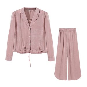 Conjunto de dos piezas Mujeres Camisa de cultivo de solapa brillante Top y pantalones largos Blusas de manga casual + Traje de pijama rosa de pierna ancha 210430