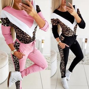 Deux pièces ensemble femmes survêtement printemps vêtements léopard imprimé épissage sweat haut et pantalon jogging ensembles femme sport tenues 220315