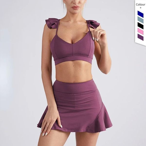 Ensemble deux pièces pour femmes, jupe de Yoga, course à pied, Badminton, haut court, soutien-gorge de sport, Shorts empilés, vêtements d'entraînement de Tennis, 240228