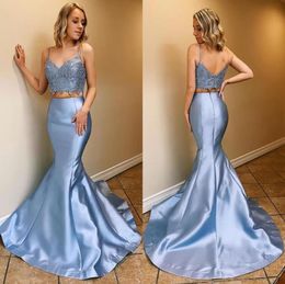 Two Piece Sexy Mermaid Prom Dresses Spaghetti Straps V Neck Lace Sweep Train Satin Backless Formal Evening Party Gowns Custom Made