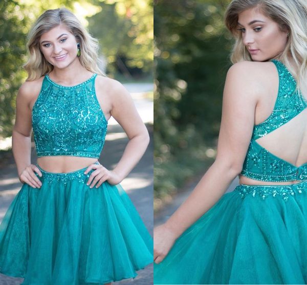 Deux pièces courtes robes de retour cristal perlé pure cou tulle organza dos nu grande taille robes de bal robes de cocktail turquoise