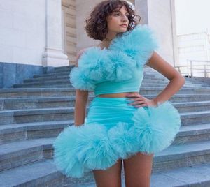 Deux pièces robes de bal courtes femmes fête bleu ciel une épaule sans manches Tigxht retour robe de concours Wear8311011