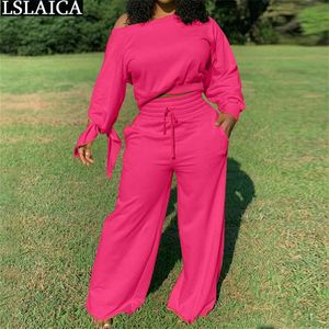 Two-piece Suit Fashion Plus Size Autumn Winter 2 Piece Set Women Outfit Lounge Wear Long Sleeve Crop Top Wide Leg Pants Sets 211116