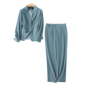 Tweedelige pak van hoogwaardige stof dames professionele kantoor broek val slanke effen kleur jas casual broek 210527