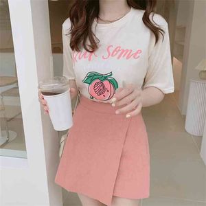 Tweedelige pak t-shirt zomer vrouwen tops femme casual korte mouw meisjes katoen plus size mini linnen rokken broek pak 210423