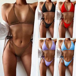 Tweedelige pakken 2023 Sexy bikini set lage taille geplooide golvende golvende vaste neon zwempak vrouwen verband strandkleding Monokini badmode pak push up plus size badpak biquini