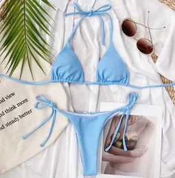 Zweiteilige Anzüge 2024 Sexy Bikini-Set mit niedriger Taille, plissiert, gewellt, einfarbig, Neon-Badeanzug, Damen-Verband, Strandmode, Badebekleidung, Push-up-Badeanzug, himmelblau, Biquini auf Lager