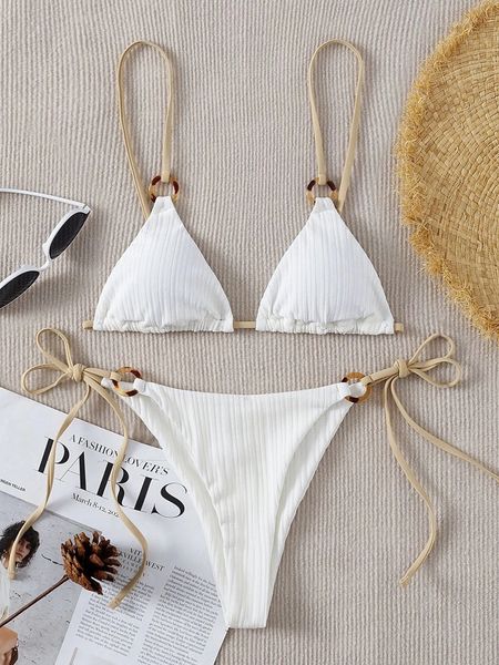 Trajes de dos piezas Conjunto de bikini sexy Lindo anillo blanco Triángulo vinculado Lazo Triángulo lateral Tanga Biquini Traje de baño Traje de baño Traje de baño para mujer 230505