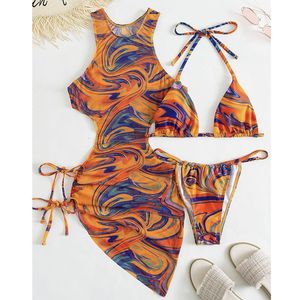 Trajes de dos piezas Traje de baño para mujer Trajes de baño de 3 piezas para mujer Acolchado Estampado floral String Bikini Traje de baño Conjunto Sexy Recorte Cuello alto Malla Beach Cover Up 230616