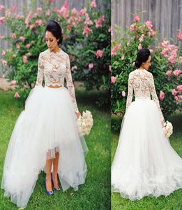 Robes de mariée en deux pièces 2016 en dentelle de mariée transparente Robe courte courte dos long Hi-bas à manches longues Lace Bride de mariée 6715720