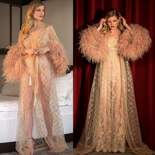 Deux pièces robes de mariée plume manches longues appliqué paillettes dentelle longueur au sol vêtements de maison femmes peignoir sur mesure robe de nuit pour les femmes