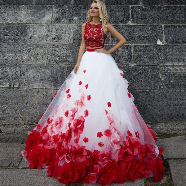 Dos piezas, blanco, rojo, vestidos de baile, apliques, encaje, flores en 3D, tul, vestido de fiesta, vestidos de quinceañera, dulces 16 vestidos