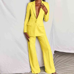 Trajes formales de dos piezas para mujer de negocios Blazer Set Office Lady Colores sólidos con botones Nuevo Pink Yellow Commute Blazer Pants Set T220729