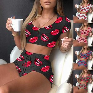 Twee stuk yoga sets vrouwen mond print outfits trainingspak dames casual tank top sport shorts jogging pak sportset plus size x0629