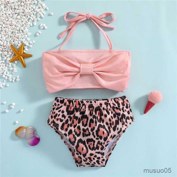 Conjunto de traje de baño de dos piezas de 0 a 36 m para niñas pequeñas, traje de baño sin mangas con cuello colgante rosa de verano para niños pequeños, Bikini con estampado de leopardo para niñas