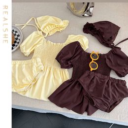 Deux pièces 2023 maillots de bain pour enfants solide à manches courtes maillot de bain deux pièces pour filles ensembles d'été enfants doux 230707