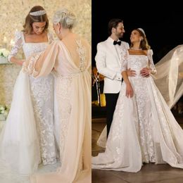 Deux pièces une ligne robes de mariée 2021 col carré dentelle appliquée robes de mariée avec train détachable élégant à manches longues vestido de novia