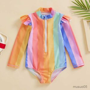 Tweedeels Baby Girl Bodysuit Swimwear Lange mouw Zipper Sluiting Kleurrijk gestreept zwempak voor kindermeisje Zomer Zwempak