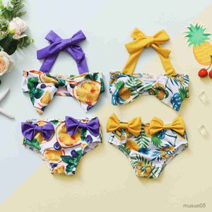 Conjuntos de Bikini de dos piezas para niñas, traje de baño con lazo y cuello Halter de flores, traje de baño para niños pequeños, ropa de playa