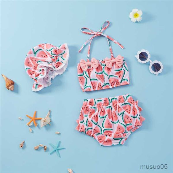 Maillot de bain deux pièces fendu pour bébés filles, ensemble maillot de bain imprimé pastèque, sans manches, avec nœud papillon, short et chapeau extensible