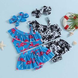 Tweedelige babymeisjes Tweede stuk zwempak Een schouder ruche zwemmen zwembodem bikini set baby badpak meisje H240508