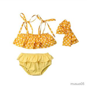 Deux pièces bébé filles jaune point maillot de bain bébé filles sans manches fronde Bikini ensemble volants maillots de bain filles maillot de bain ensemble