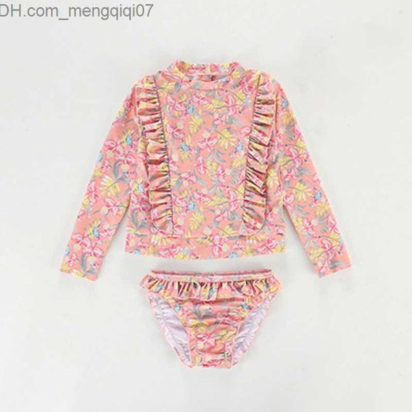 Ensemble de maillot de bain deux pièces bébé fendu adapté aux filles imprimé floral à volants manches longues haut short printemps et été vêtements pour enfants maillots de bain filles 2PCS Z230710