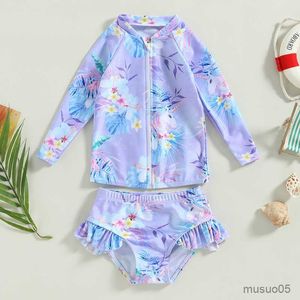 Twee delen baby zwempak zomer kinderen babymeisjes badmode kokosboom bloem print lange mouw ruche badpak kinderen strandkleding